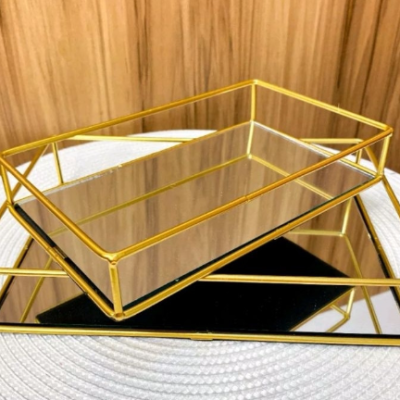 Bandeja Decorativa Espelhado ou Marmorizado Multiuso Retangular ou Redonda Dourado Casa Cozinha (6)